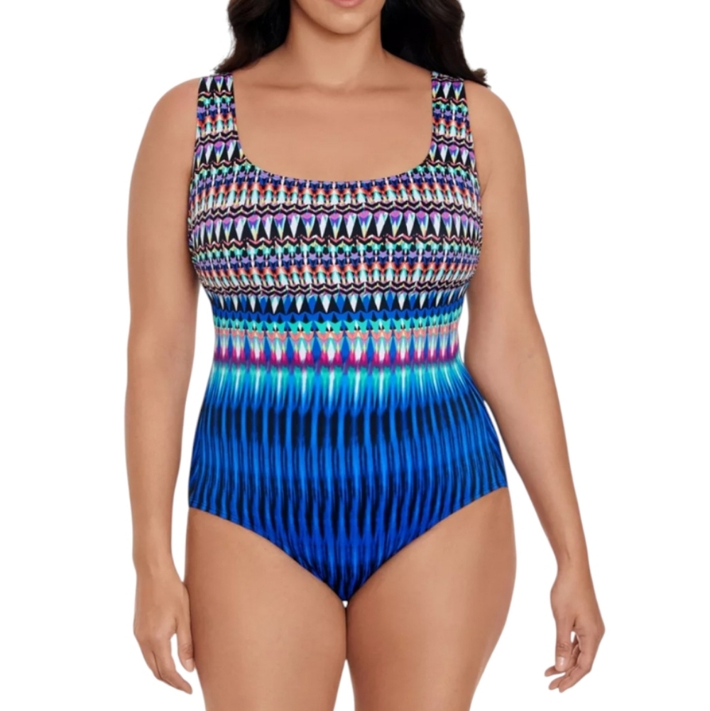 Longitude Blue Geometric Scoop Neck Lattice Back One Piece Swimsuit 22W Nwt